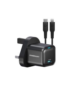 PWCUQC016-L - Powerology 20W Single C Port PD Charger UK  with Type C to Lightining  MFI 27W Cable - Black