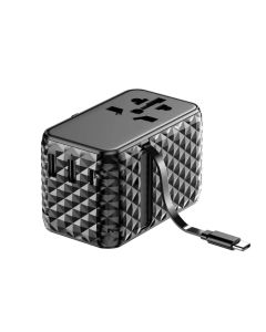PWCUQC028-BK Powerology Universal Adapter PD 20W Type-C Port and 2XUSB A 15W Port with Attached Type-C Cable - Black